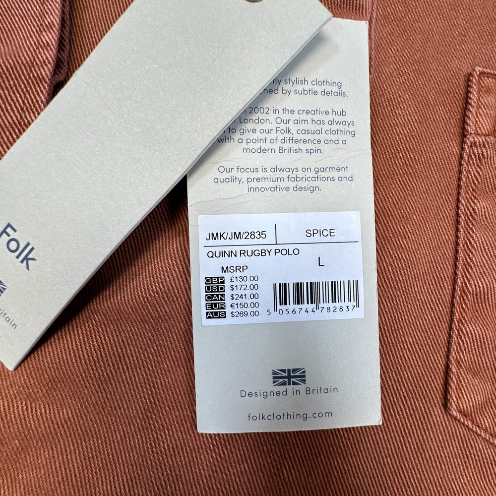 Folk Quinn Rugby Polo Mens L Spice Orange Brown Long Sleeve Cotton Heavyweight - Picture 5 of 8